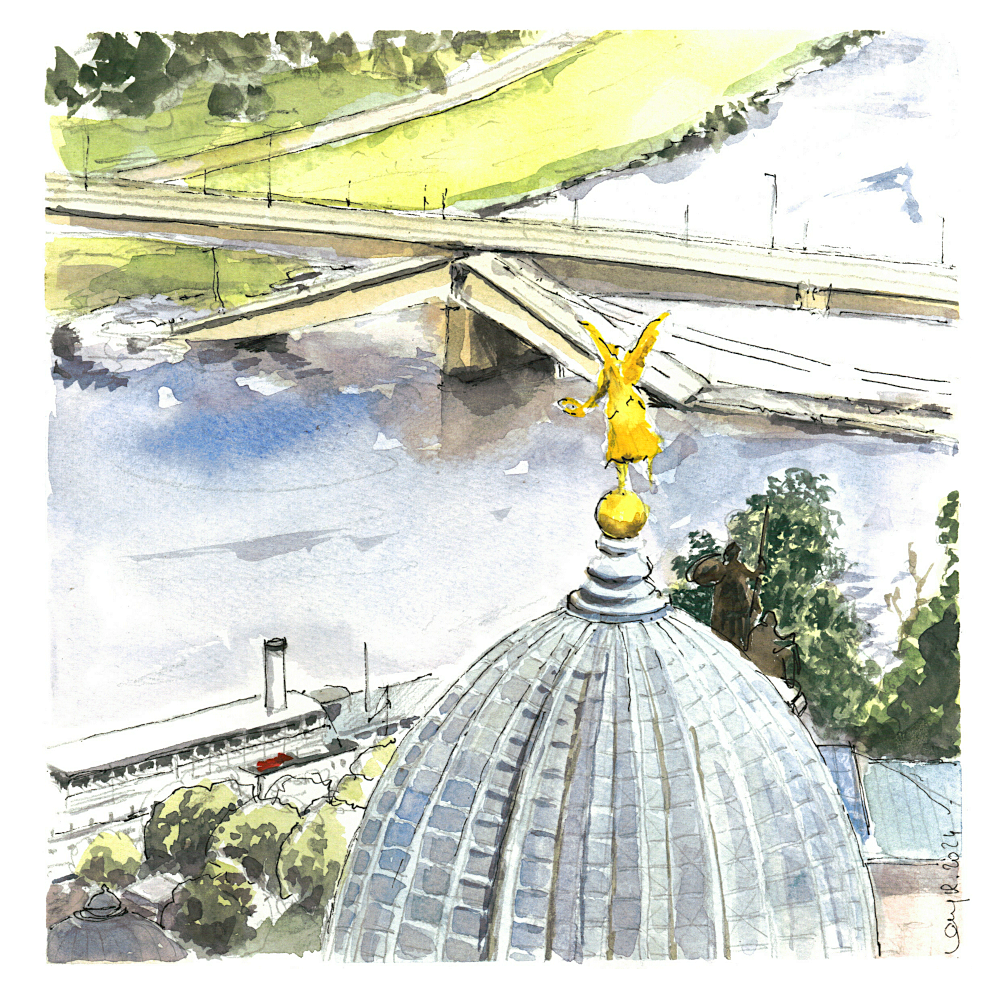 Blick von der Frauenkirche auf die eingestürzte Carolabrücke